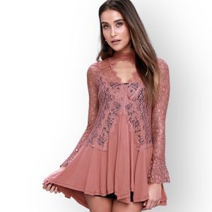 Free People Tell Tale Dusty Mauve Cutout Lace Tunic Dress Size M